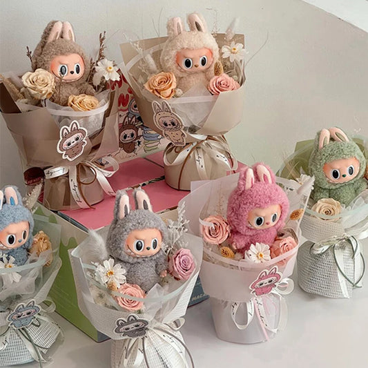 Cute Labubu Doll Bouquet A Generation Kawaii Plush Dolls Anime Figure Simulated Flowers Finished Product Graduation Gift