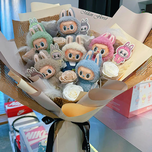 Cute Labubu Doll Bouquet A Generation Kawaii Plush Dolls Anime Figure Simulated Flowers Finished Product Graduation Gift